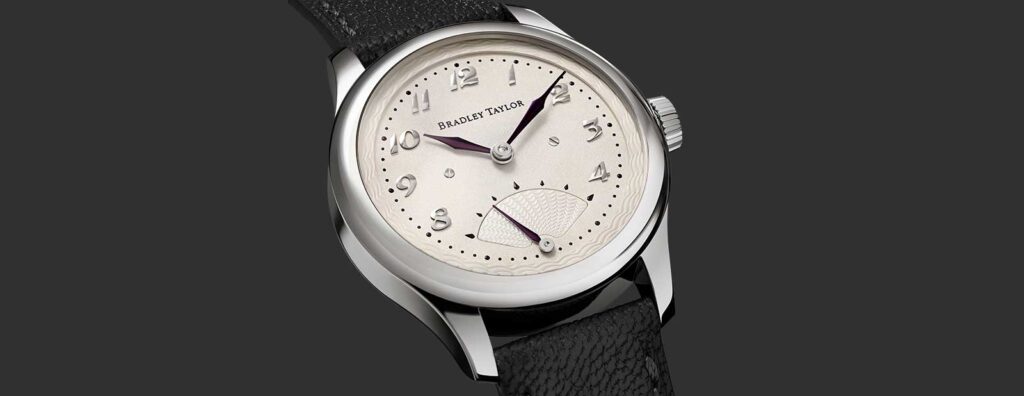 Bradley Taylor Ardea watch with sterling silver dial and retrograde seconds display