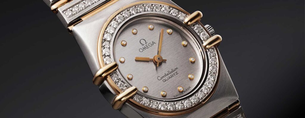 Omega Constellation Manhattan and Constellation Observatory watches styled for a Met Gala red carpet theme