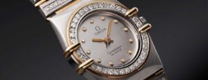 Omega Constellation Manhattan and Constellation Observatory watches styled for a Met Gala red carpet theme