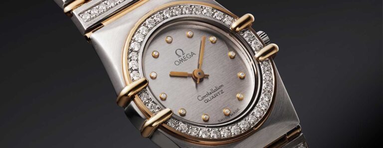Omega Constellation Manhattan and Constellation Observatory watches styled for a Met Gala red carpet theme