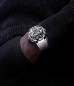 MB&F LM Sequential Flyback EVO in grade 5 titanium with aquamarine dial plate