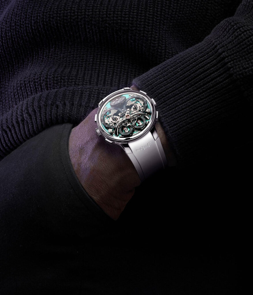 MB&F LM Sequential Flyback EVO in grade 5 titanium with aquamarine dial plate