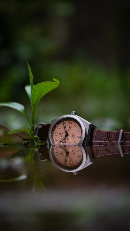 BOLDR Venture Wayfarer Sierra titanium field watch on a brown nylon strap outdoors