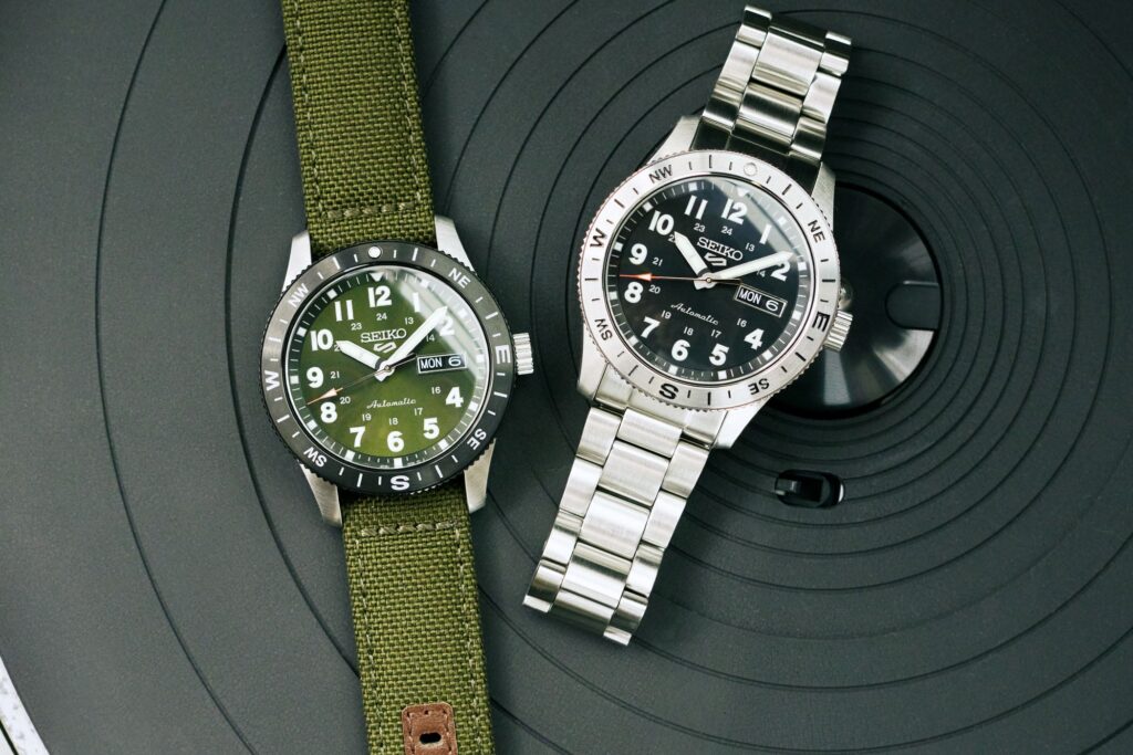 Seiko 5 Sports Field Series watch with compass bezel and luminous Arabic numerals