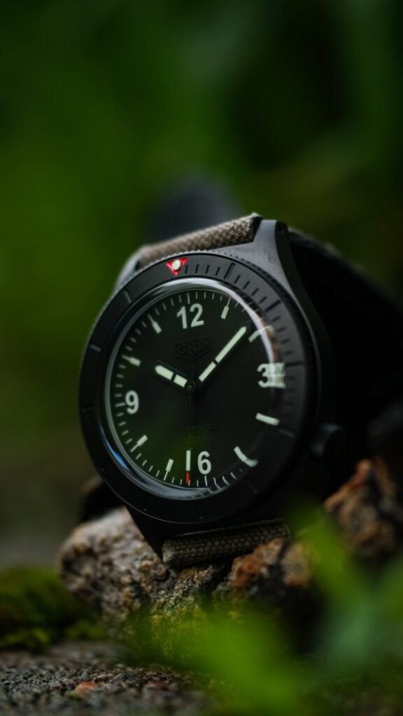Greg Stevens Design 5 Series black field-diver watch with domed sapphire crystal and leather strap