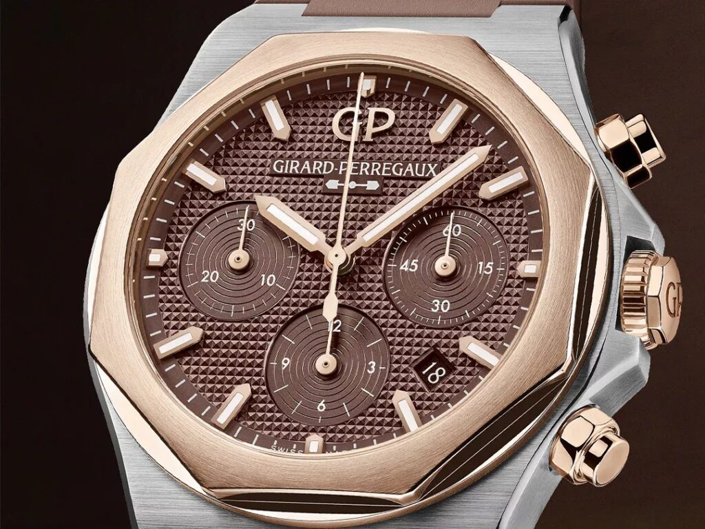 Girard-Perregaux Laureato Chronograph 42mm Returns in Steel and Rose Gold Girard-Perregaux Laureato Chronograph 42mm two-tone with brown hobnail dial and rose gold bezel
