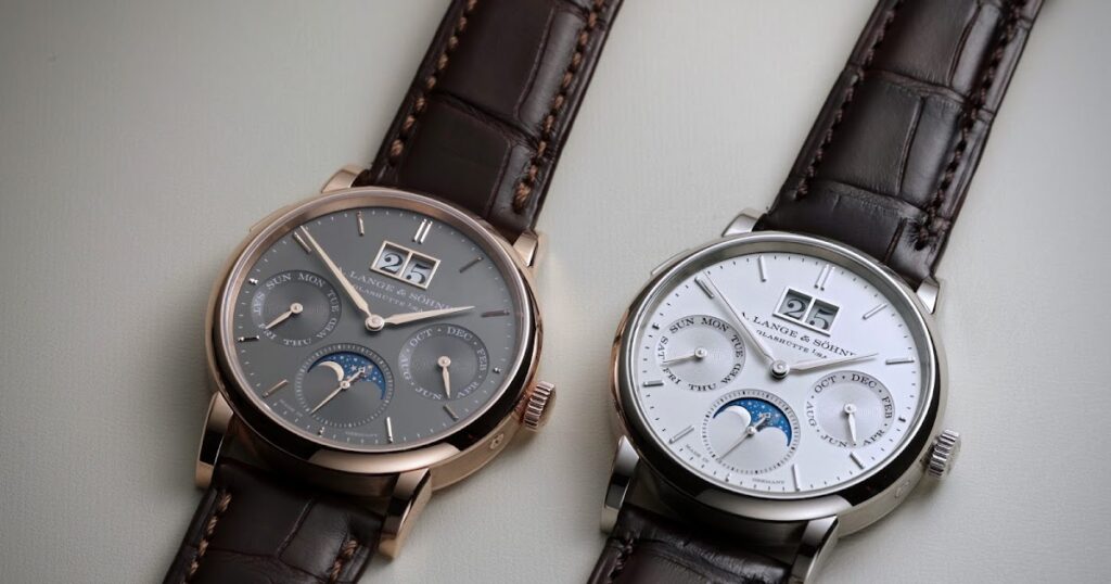 A. Lange & Söhne Saxonia Annual Calendar with outsize date, moon phase and balanced silver dial