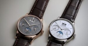 A. Lange & Söhne Saxonia Annual Calendar with outsize date, moon phase and balanced silver dial