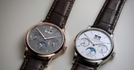 A. Lange & Söhne Saxonia Annual Calendar with outsize date, moon phase and balanced silver dial