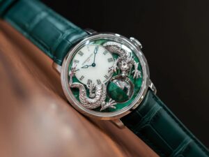 Arnold & Son Luna Magna Platinum Dragon Verdite with green stone dial and white gold dragon