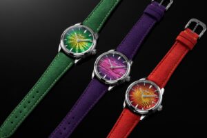 Awake Sơn Mài Guilloché Main Blends Italian Hand Guilloché With Vietnamese Lacquer Awake Sơn Mài Guilloché Main watches in orange purple and green lacquer dials