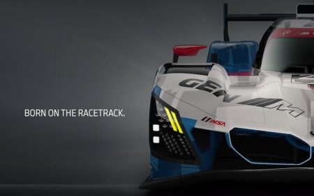 BMW M road car teaser with yellow M Hybrid V8-inspired lights