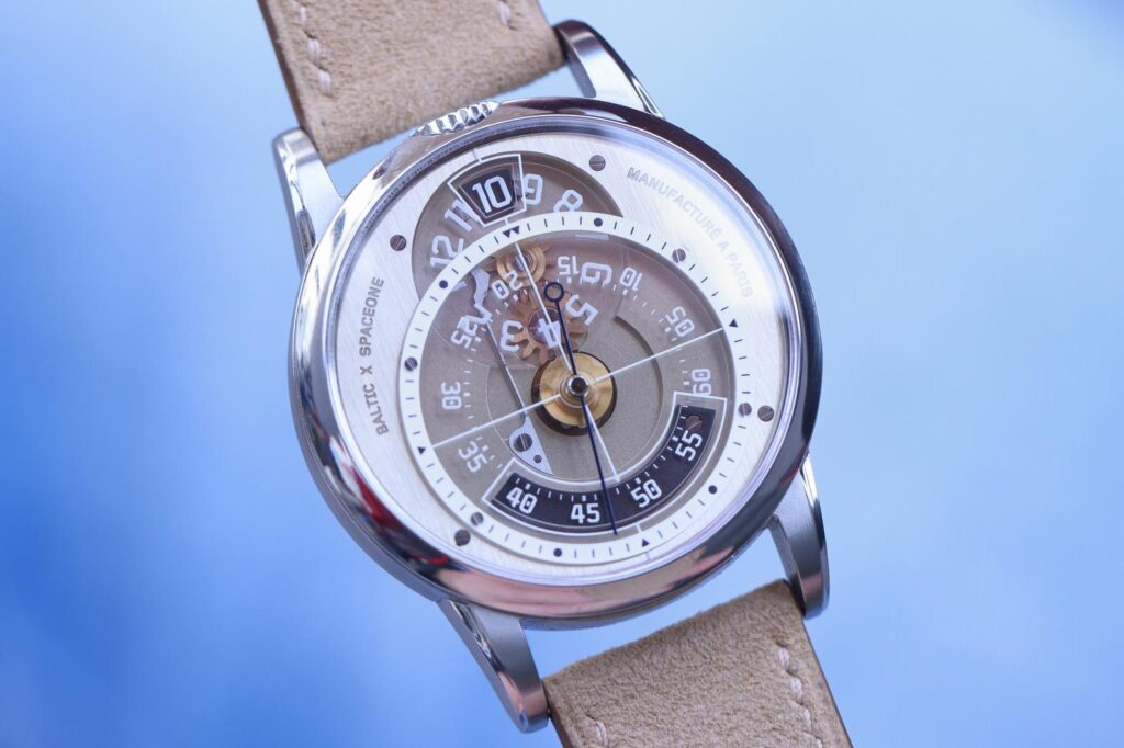 Baltic x SpaceOne Seconde Majeure watch with openworked regulator dial and blue central seconds hand