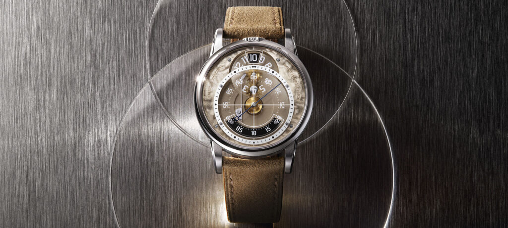 Baltic x SpaceOne Seconde Majeure jumping hour watch with champagne German silver dial and camel strap