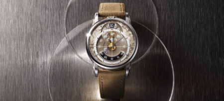 Baltic x SpaceOne Seconde Majeure jumping hour watch with champagne German silver dial and camel strap