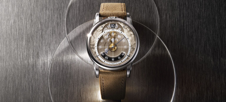 Baltic x SpaceOne Seconde Majeure jumping hour watch with champagne German silver dial and camel strap