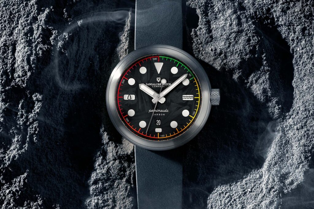 Bangalore Watch Company Peninsula Carbon Turns Pollution Into a Watch Dial Bangalore Watch Company Peninsula Carbon watch with dark recovered carbon composite dial
