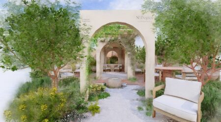 Charlotte Rowe garden exhibit for Nth Degree at Chelsea Flower Show 2026 with Mediterranean planting and contemporary outdoor furniture