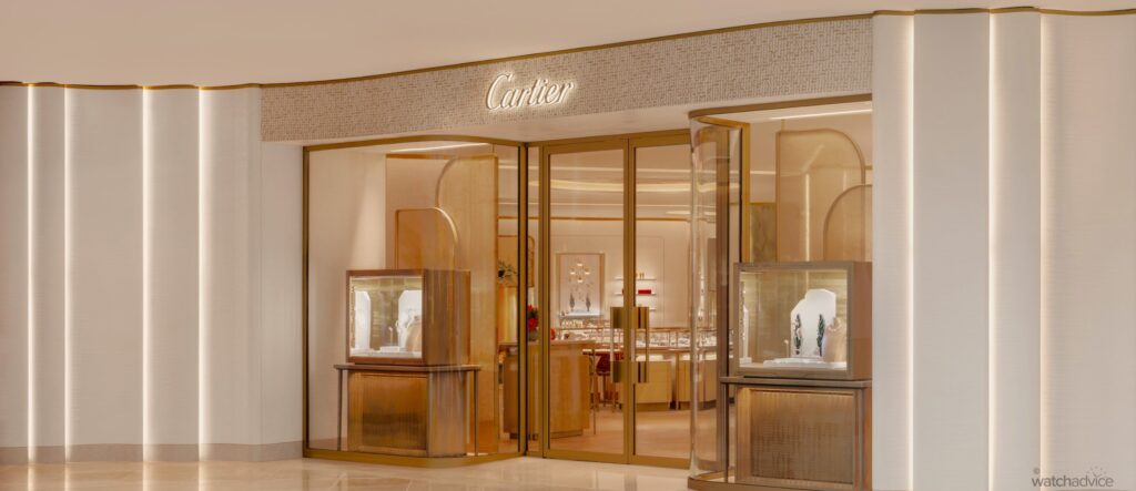 Cartier boutique interior at Chatswood Chase in Sydney with warm tones and luxury display cases