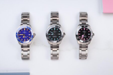 Certina DS Action Diver 38mm Titanium watches with black pink, grey turquoise and blue orange dial accents