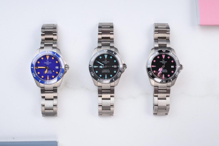 Certina DS Action Diver 38mm Titanium watches with black pink, grey turquoise and blue orange dial accents