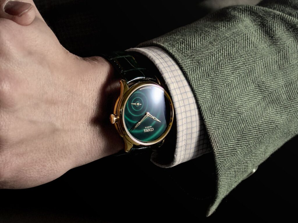 Czapek Promenade Goutte de Rosée in yellow gold with green Grand Feu enamel ripple dial