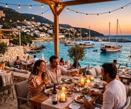 Kalkan harbour at sunset with waterfront restaurants and boats on the Turkish Turquoise Coast