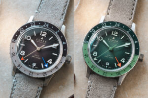 Farer Nevada Pine and Nevada Mocha GMT Bezel watches with guilloché fumé dials