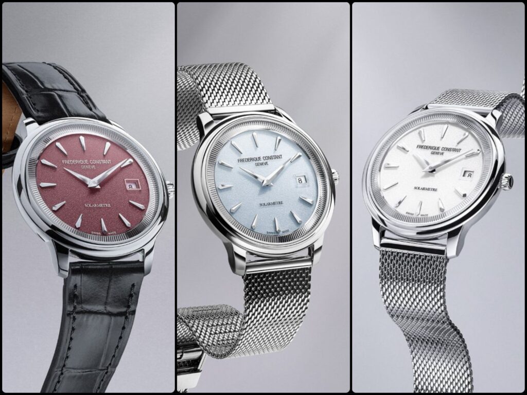 Frédérique Constant Classics Moneta Solarmetre watches in white, ice blue and burgundy dial colours