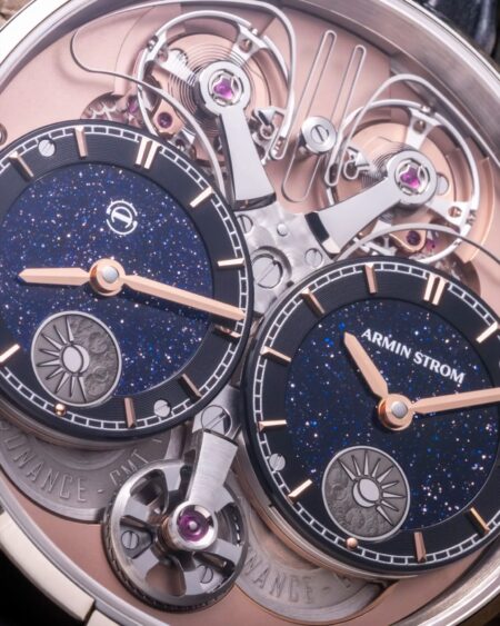 Armin Strom Puts a Starry Aventurine Dial on Its Dual Time GMT Resonance Armin Strom Dual Time GMT Resonance Aventurine with blue-black aventurine dial and twin time displays