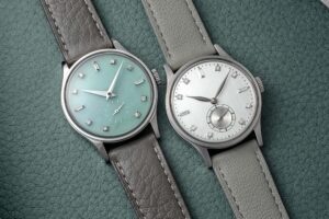 Horologically Unique HU-01 Finale Series Brings Gem-Set Calatrava Spirit to 34mm Horologically Unique HU-01 Finale Series watches with silver-grey and jade dials