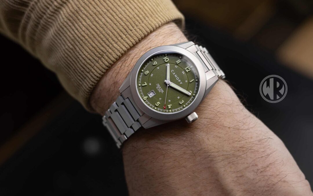 Canopy Field One titanium field watch with green dial and bracelet
