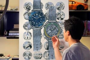 Inkdial style illustration of a detailed wristwatch drawn with pen and marker