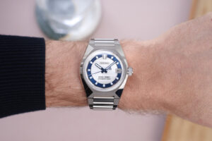 King Seiko 145th Anniversary VANAC Limited Edition in White with blue dial accents and integrated steel bracelet