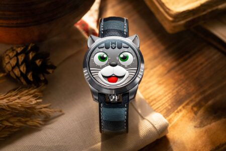 Konstantin Chaykin Adds a Striped New Character to the Wristmon Family Konstantin Chaykin Matroskin the Cat Wristmon with green cat eyes and striped leather strap
