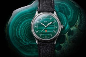 Kurono Tokyo 2026 Special Projects Malachite watch with green stone dial on black leather strap