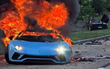 Burned Lamborghini Aventador S and damaged Lamborghini Revuelto after a crash in Texas