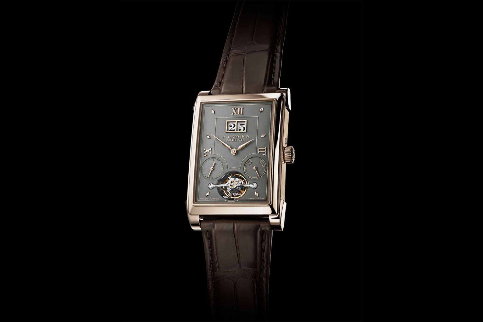 A. Lange & Söhne Cabaret Tourbillon Honeygold with rectangular case and dark dial