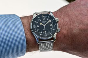 Longines Legend Diver 59 Brings Back the 42mm No-Date Icon Longines Legend Diver 59 with black grained dial and Milanese mesh bracelet