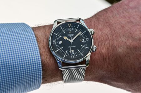 Longines Legend Diver 59 with black grained dial and Milanese mesh bracelet