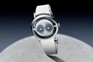 MB&F M.A.D.2 LIVE watch with silver dial and blue hour and minute discs