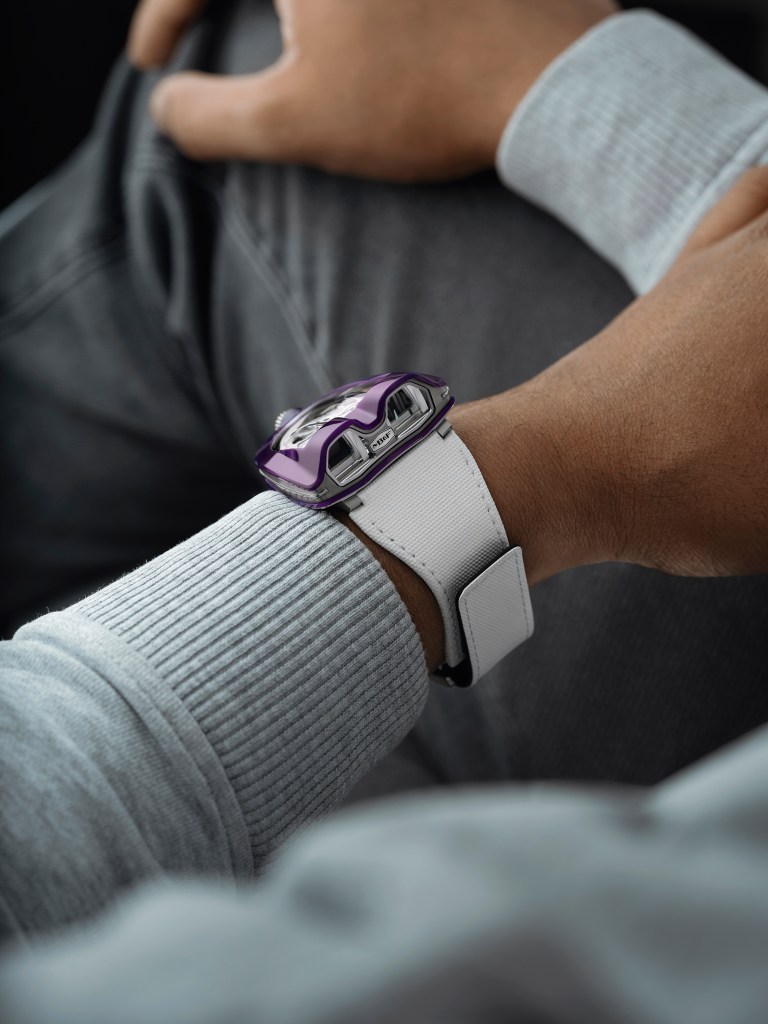 MB&F HM8 Mark 2 Purple limited edition watch with double-bubble sapphire crystal