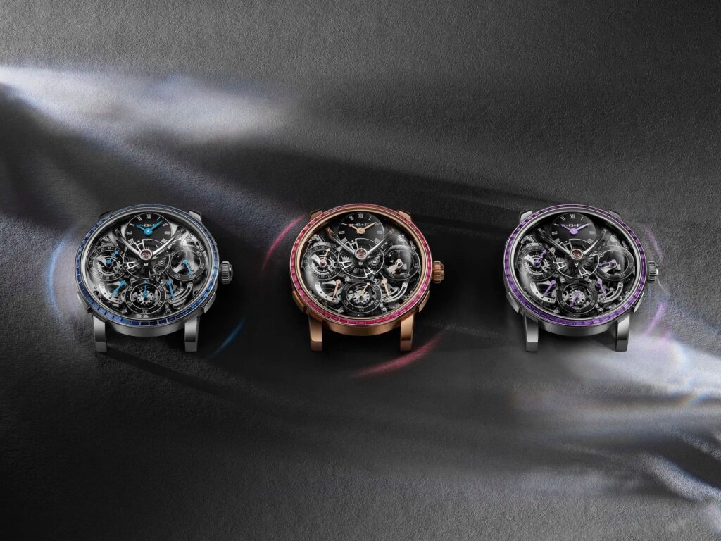 MB&F LM Perpetual Chromatic editions with ruby and sapphire baguette-set bezels