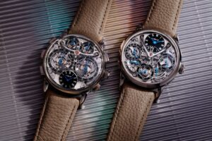 MB&F LM Perpetual Longhorn and LM Sequential Flyback Longhorn watches in stainless steel with black lacquer sub-dials