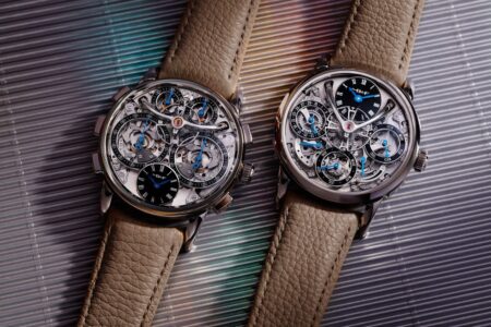 MB&F LM Perpetual Longhorn and LM Sequential Flyback Longhorn watches in stainless steel with black lacquer sub-dials