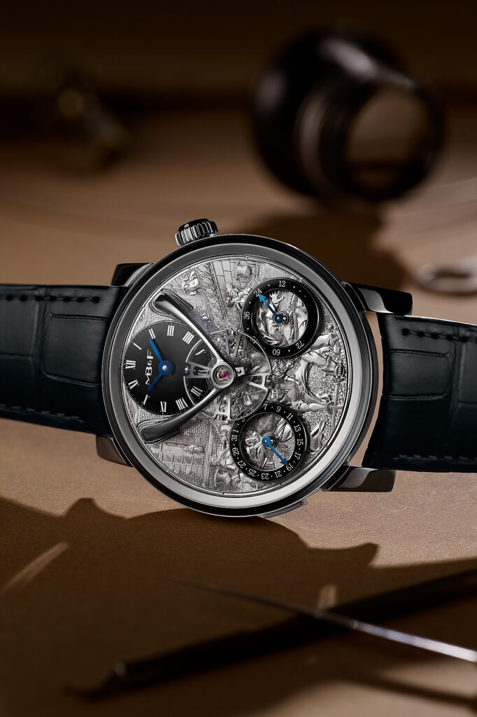 MB&F LM Split Escapement Eddy Jaquet unique piece with hand engraved literary dial and suspended balance wheel