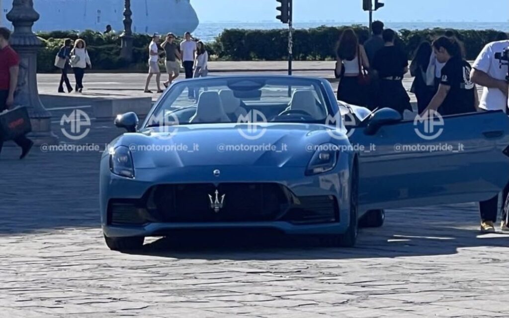 Updated Maserati GranCabrio in light blue with black wheels during a photoshoot