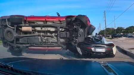 Damaged Nissan GT-R and McLaren 570S Spider after a supercar meet crash in Cypress Texas