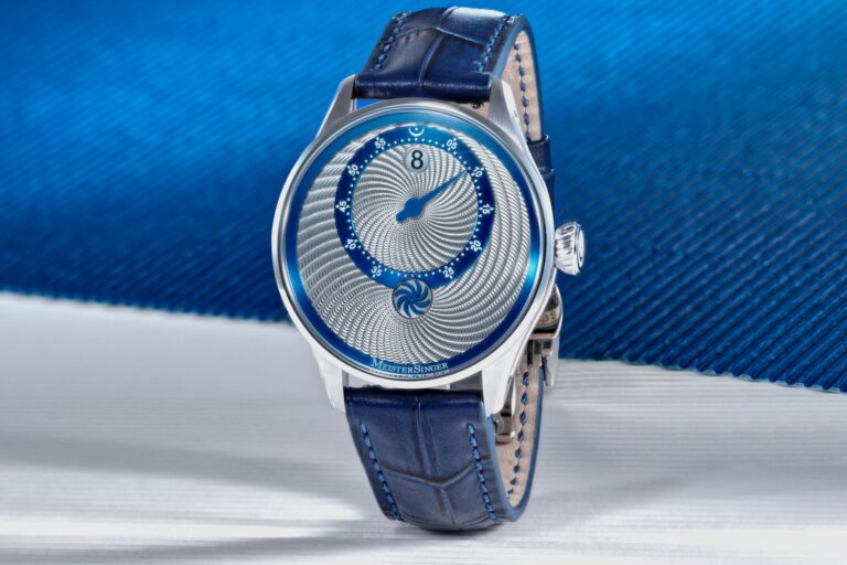 MeisterSinger Opens Orders for the Souscription Panthero Jumping Hour Guilloché MeisterSinger Souscription Panthero Jumping Hour Guilloché with light grey guilloché dial and blue strap