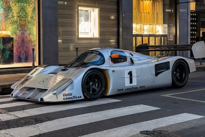 Mercedes-Benz C291 silver endurance racing prototype on a Milan street
